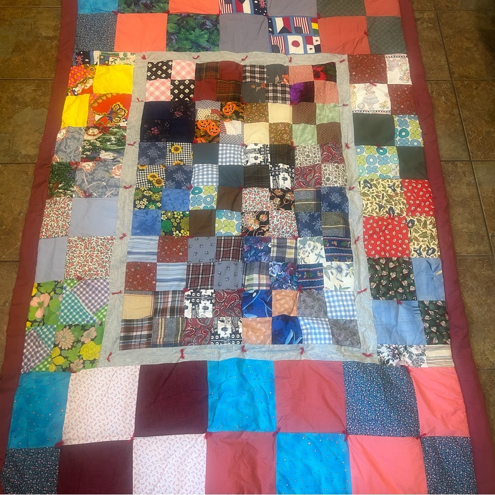 Vintage Handmade Colorful Patchwork Quilt Red Edging 52x74” Cottage Core